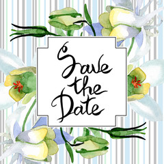 White aquilegia. Save the date handwriting monogram calligraphy. Floral botanical flower. Frame square. Watercolor background illustration set.
