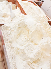 flour in boxes on the counter in the supermarket. food background