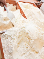 flour in boxes on the counter in the supermarket. food background