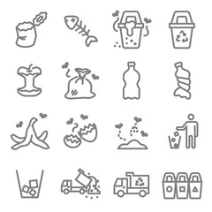 Garbage Vector Line Icon Set. Contains such Icons as Banana Peel, Fishbone, Eggshell, Trash and more. Expanded Stroke