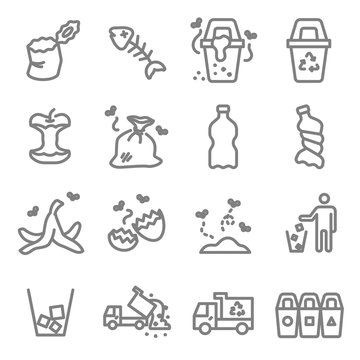 Garbage Vector Line Icon Set. Contains such Icons as Banana Peel, Fishbone, Eggshell, Trash and more. Expanded Stroke