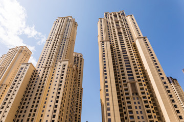 Fototapeta na wymiar Dubai, UAE - October, 2018. Tall Dubai Marina skyscrapers in UAE