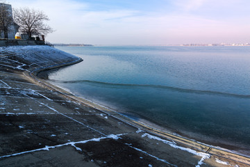 Lake Morii shore on winter day in Bucharest , Romania