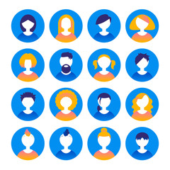 Fototapeta premium 16 Avatars, women, and men with different hairstyles heads in flat style. Vector illustration in the circle. Business gradient style people