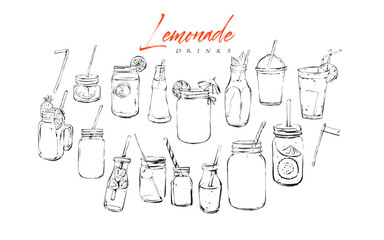 Hand drawn vector graphic textured artistic bar menu ink collection set sketch illustrations drawing bundle of organic natural lemonade cocktails drinks in glass isolated on white background