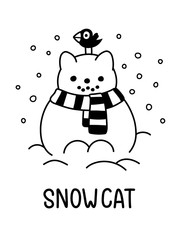 A Cartoon Vector Drawing Of A Snowman Cat WIth A Scarf And A Bird In The Snow