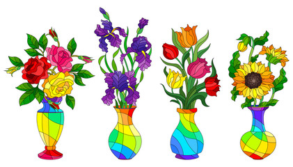 Set of stained glass elements, vases with flowers, tulips, roses, irises and sunflowers in bright vases, isolated on white background