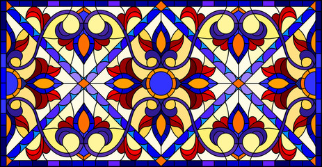 Illustration in stained glass style with abstract  swirls,flowers and leaves  on a blue background,horizontal orientation