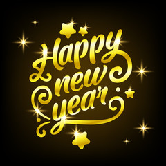 Golden Happy New Year sign 2019 Holiday Vector Illustration. Shiny Gold Lettering Composition With Sparkles. Greeting card, banner for instagram, new year card.