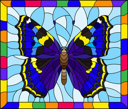 Illustration in stained glass style with bright blue butterfly on a blue background in a bright frame