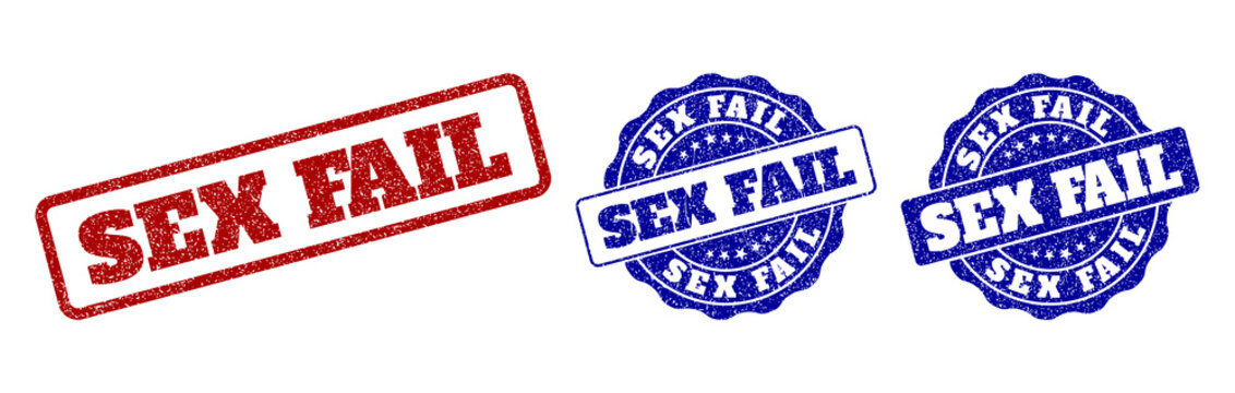 SEX FAIL grunge stamp seals in red and blue colors. Vector SEX FAIL labels with draft texture. Graphic elements are rounded rectangles, rosettes, circles and text labels.