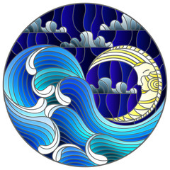 Naklejki  Ilustracja w stylu witrażu malarstwo abstrakcyjne pejzaż morskie fale na tle nieba i chmur z księżycem, okrągła ilustracja