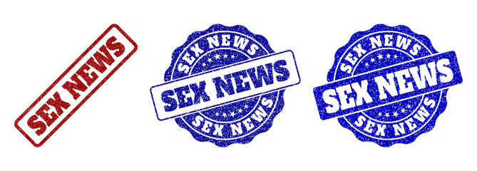 SEX NEWS grunge stamp seals in red and blue colors. Vector SEX NEWS labels with grainy surface. Graphic elements are rounded rectangles, rosettes, circles and text labels.