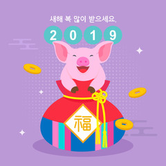 Seollal (Korean New Year) greeting card vector illustration. Cute pig in fortune bag. Korean Translation: 