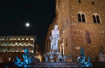 Biancone fountain at night, Piazza Signoria, Florence, Italy