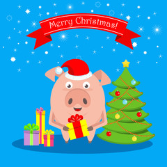 Funny merry pig character with bright boxes of gifts. For greeting cards and advertising for Christmas and New Year. Flat vector illustration.