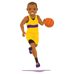 Naklejka premium Active African American professional basketball player running with ball playing