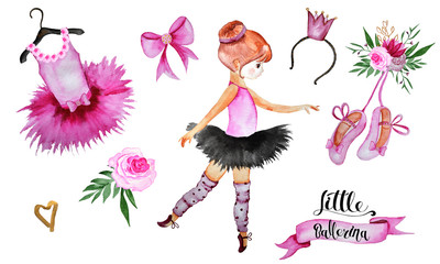 Watercolor handpainted collection Little ballerina with ballerinas, Pointe shoes, ballet accessories, flowers, feathers, frames, wreaths, cards, lettering, heart of feathers and more