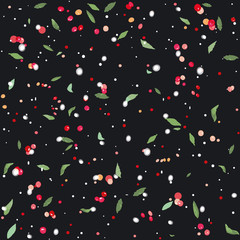 Black floral vector repeat pattern with berry, dot & snow flakes. Chrismas. Surface pattern design.