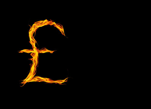 fiery UK Pound symbol on fire with one strike