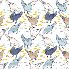 Seamless pattern background. Pigeons hand drawn silhouettes on colorful abstract geometric shapes. Birds and leaves on hexagonal grid. Autumn fall motif, set of two color variants