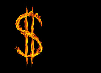 Dollar sign made from computer generated flames, black background 