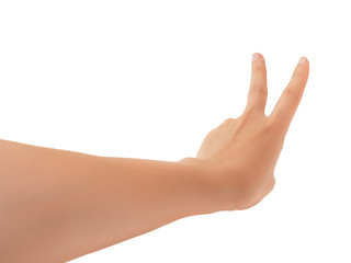 Human hand in reach out one's hand and counting number two or victory sign gesture isolate on white background with clipping path, High resolution and low contrast for retouch or graphic design