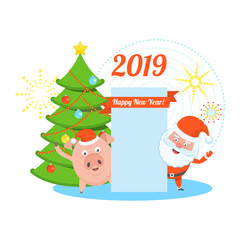 Funny happy Santa Claus and pig character with blank sheet for congratulatory text. Celebration of Merry Christmas and New Year. Greeting card template. Vector flat cartoon illustration.