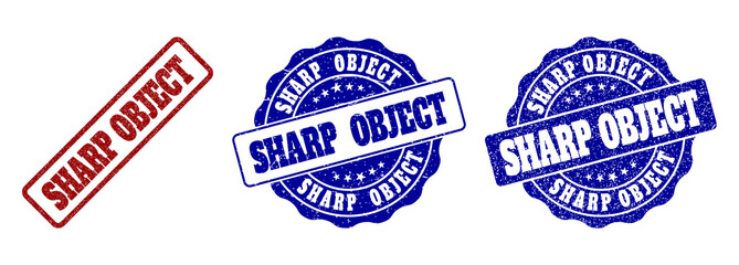 Obraz premium SHARP OBJECT grunge stamp seals in red and blue colors. Vector SHARP OBJECT marks with grunge texture. Graphic elements are rounded rectangles, rosettes, circles and text tags.