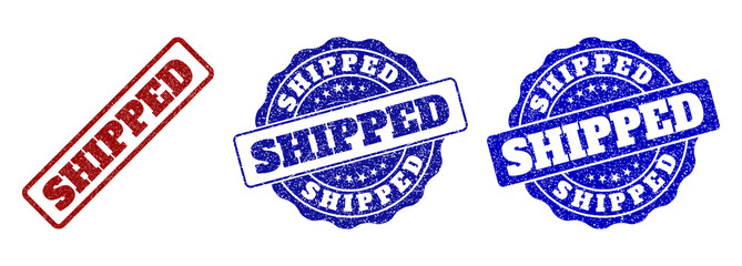 SHIPPED scratched stamp seals in red and blue colors. Vector SHIPPED imprints with draft style. Graphic elements are rounded rectangles, rosettes, circles and text captions.