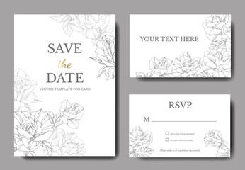 Vector Rose. Wedding background card engraved ink art. Thank you, rsvp, invitation elegant graphic set banner. - obrazy, fototapety, plakaty