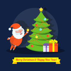 Funny happy Santa Claus character decorates a Christmas tree. Celebration of Merry Christmas and New Year. For Holiday Greeting cards, banners, tags and labels.