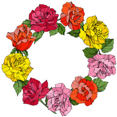 Vector Rose. Floral botanical flower. Wild spring leaf. Red, pink and yellow engraved ink art. Frame wreath.