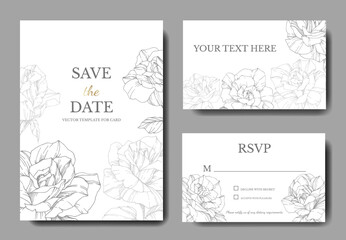 Vector Rose. Wedding background card engraved ink art. Thank you, rsvp, invitation elegant graphic set banner. - obrazy, fototapety, plakaty