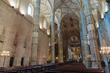 Fototapeta premium LISBON, PORTUGAL - NOVEMBER 22, 2018: Interior of the Jeronimos Monastery, is a former monastery of the Order of Saint Jerome near the Tagus riverhe Lisbon Municipality, Portugal
