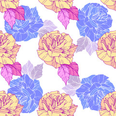Vector rose flower. Golden and blue color engraved ink art. Seamless background pattern. Fabric wallpaper print texture.