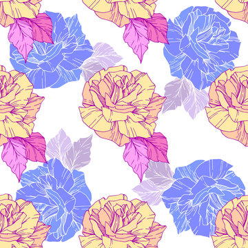 Vector rose flower. Golden and blue color engraved ink art. Seamless background pattern. Fabric wallpaper print texture. © LIGHTFIELD STUDIOS