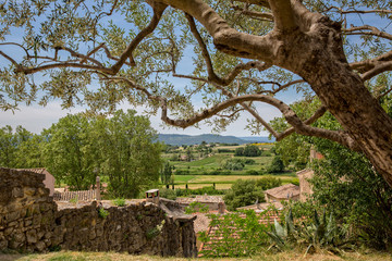 Landscape at Cucuron. View over the rooftops in village Cucuron on the countryside of Provence, Luberon, Vaucluse, France