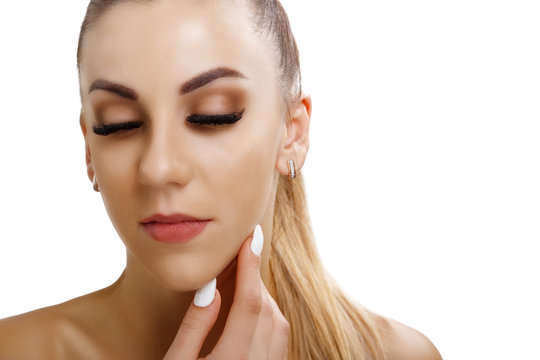 Eyelash Extension Procedure. Woman Eye with Long Eyelashes. Close up, selective focus. Hollywood, russian volume. Copyspace.