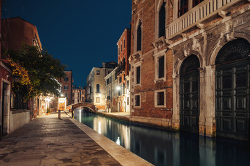 Venice, Italy. colorful buildings on the old night street