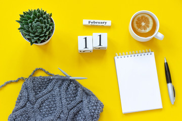 Wooden cubes calendar February 11th. Cup of tea with lemon, empty open notepad for text. Pot with...