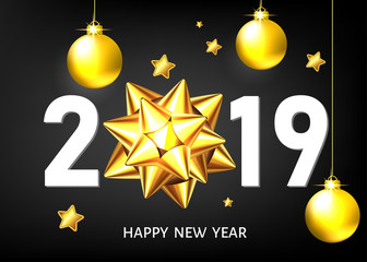 2019  New Year black   background with golden gift bow and balls.