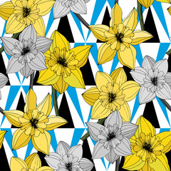 Vector Narcissus flower. Yellow engraved ink art. Seamless pattern. Fabric wallpaper print texture.
