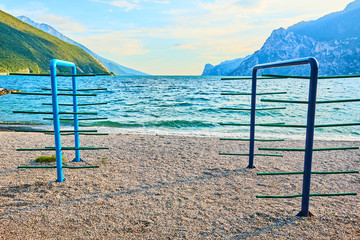 Empty rack for windsurfing boards. Windsurfing on Lago di Garda, Garda lake, Italy