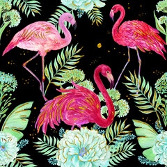 seamless pattern for textile design, flowers and birds Wallpaper, tropical pink Flamingo ornament, watercolor hand painting