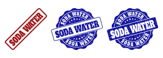 SODA WATER grunge stamp seals in red and blue colors. Vector SODA WATER signs with scratced surface. Graphic elements are rounded rectangles, rosettes, circles and text tags.