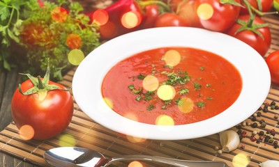 Fresh tomato soup in a white bowl