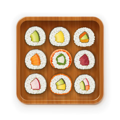 Set sushi rolls with various ingredient on wooden tray.