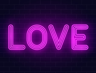 Neon love text on a brick wall. Valentines day background with purple glowing neon signboard with glowing backlight. Love lettering. Realistic 3d neon banner. Vector illustration