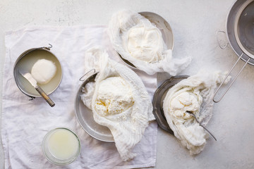 Farm food raw milk cheese muslin cloth aged  labne yogurt kefir soft cheese